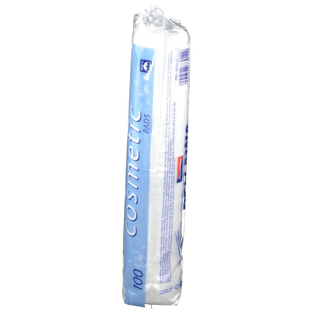 BELLAWA Cosmetic Pads en emballage transparent. Vue latérale. Emballage bleu et blanc avec nom du produit et 100 pads.
