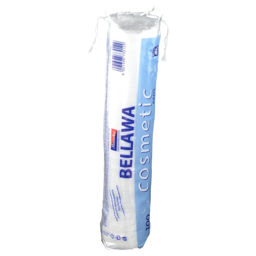 BELLAWA Cosmetic Pads en sachet transparent. Sachet de 100 pads. Emballage bleu et blanc avec nom du produit.