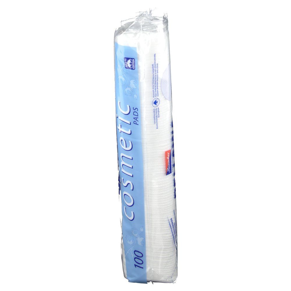 BELLAWA Cosmetic Pads en emballage transparent. Vue latérale. Emballage bleu et blanc avec nom du produit et 100 pads.