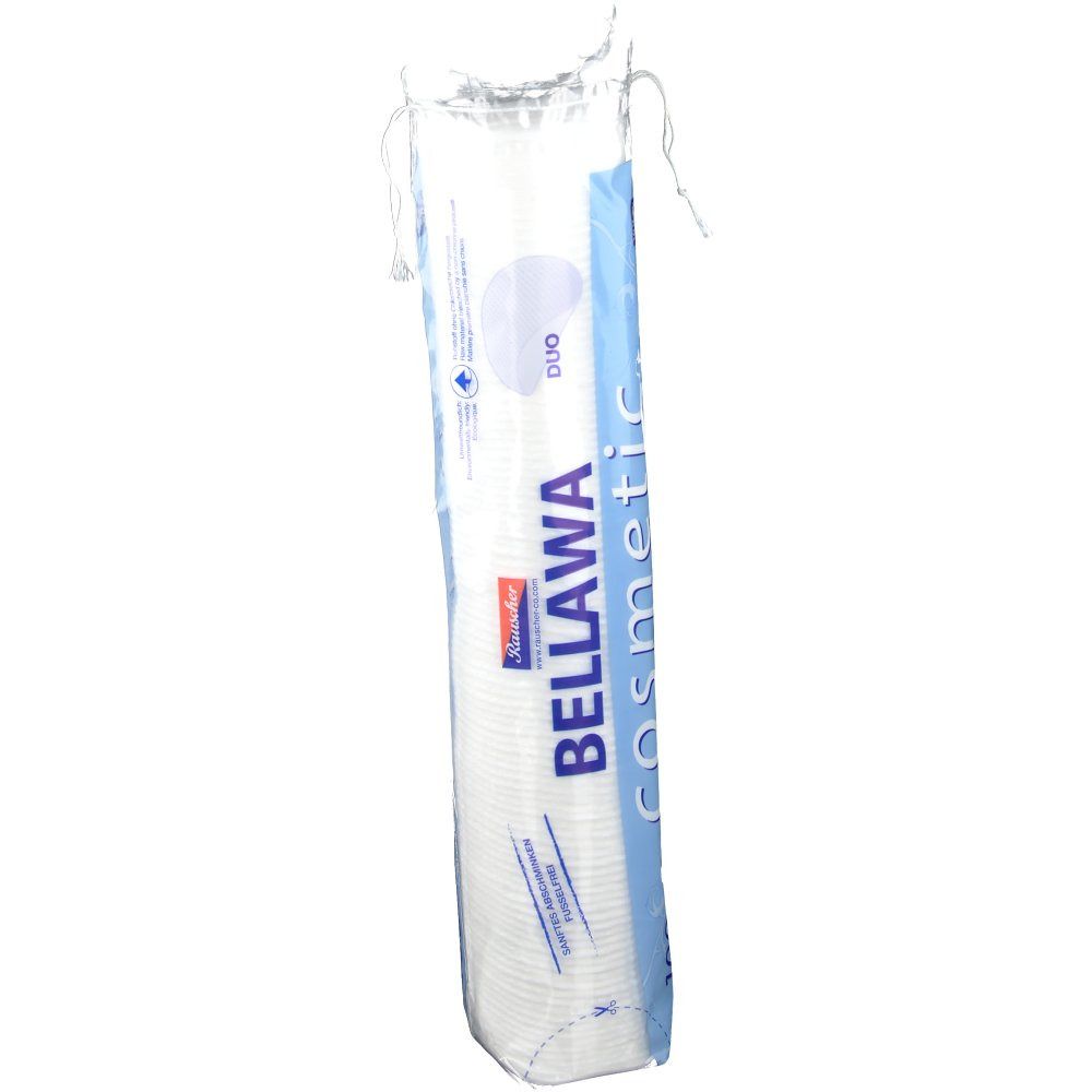 BELLAWA Cosmetic Pads Duo en sachet transparent. Sachet. Emballage bleu et blanc avec nom du produit.