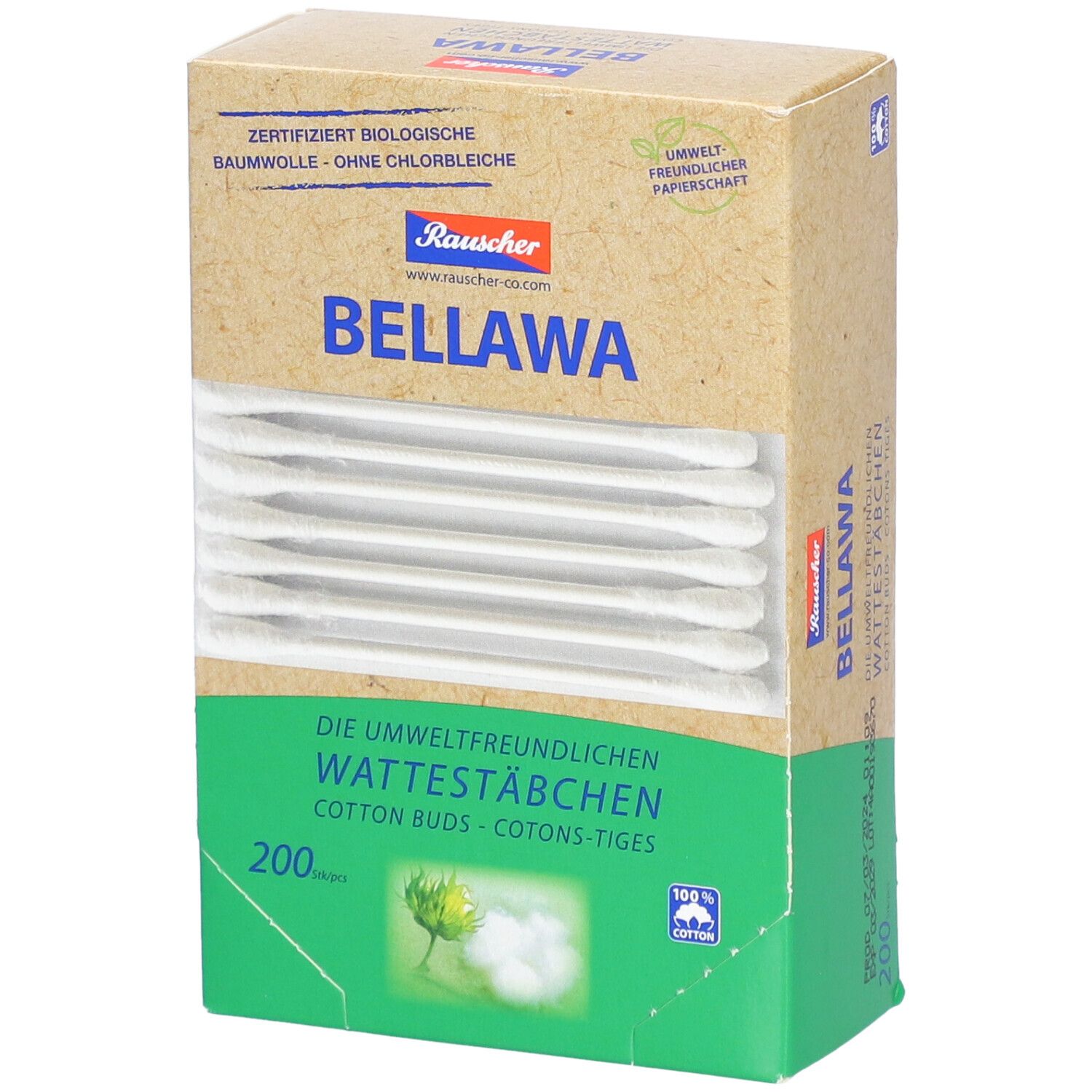 Boîte de cotons-tiges BELLAWA. 200 pièces. Emballage en papier respectueux de l'environnement.