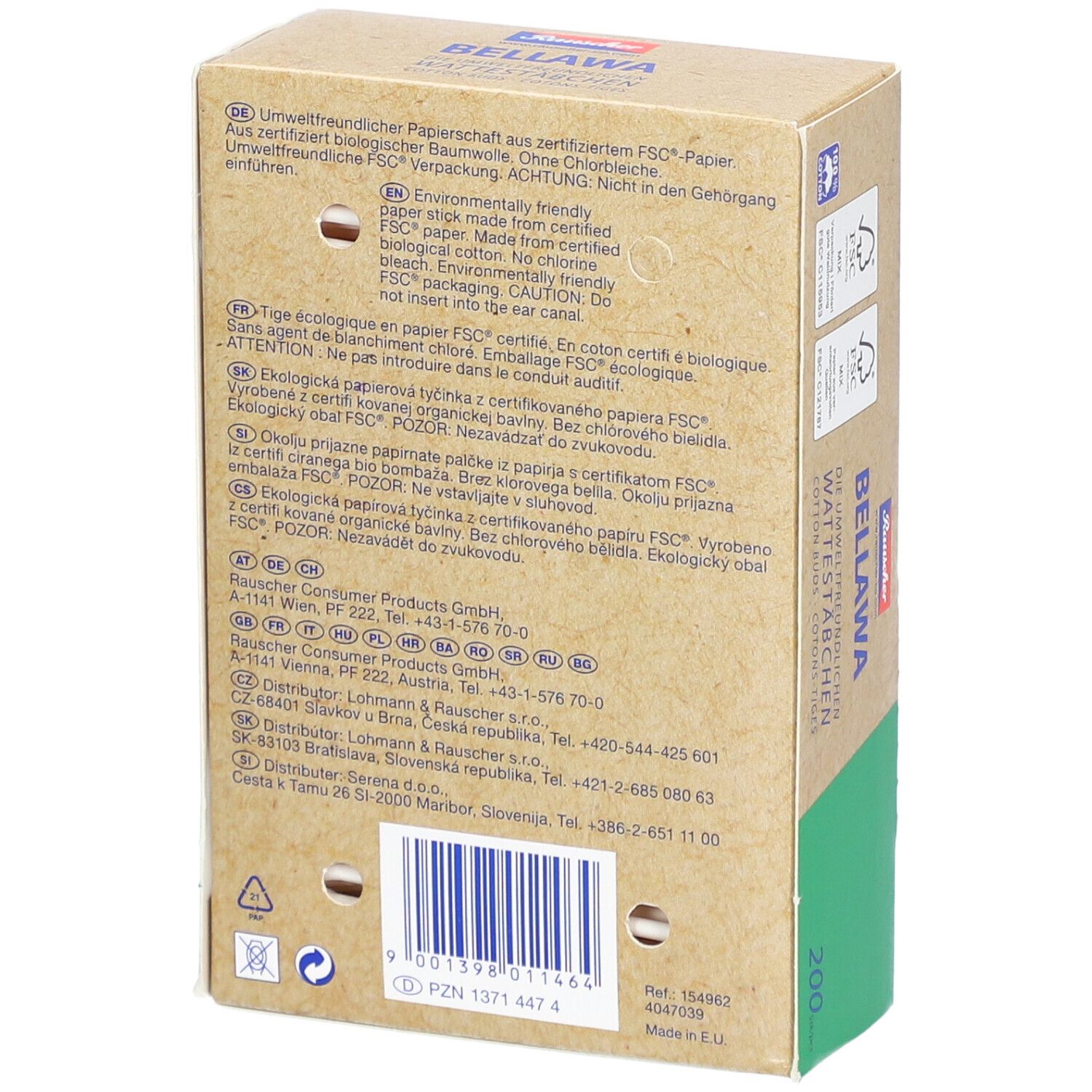 Dos de l'emballage avec texte. Certification FSC. Marque BELLAWA. 200 pièces.