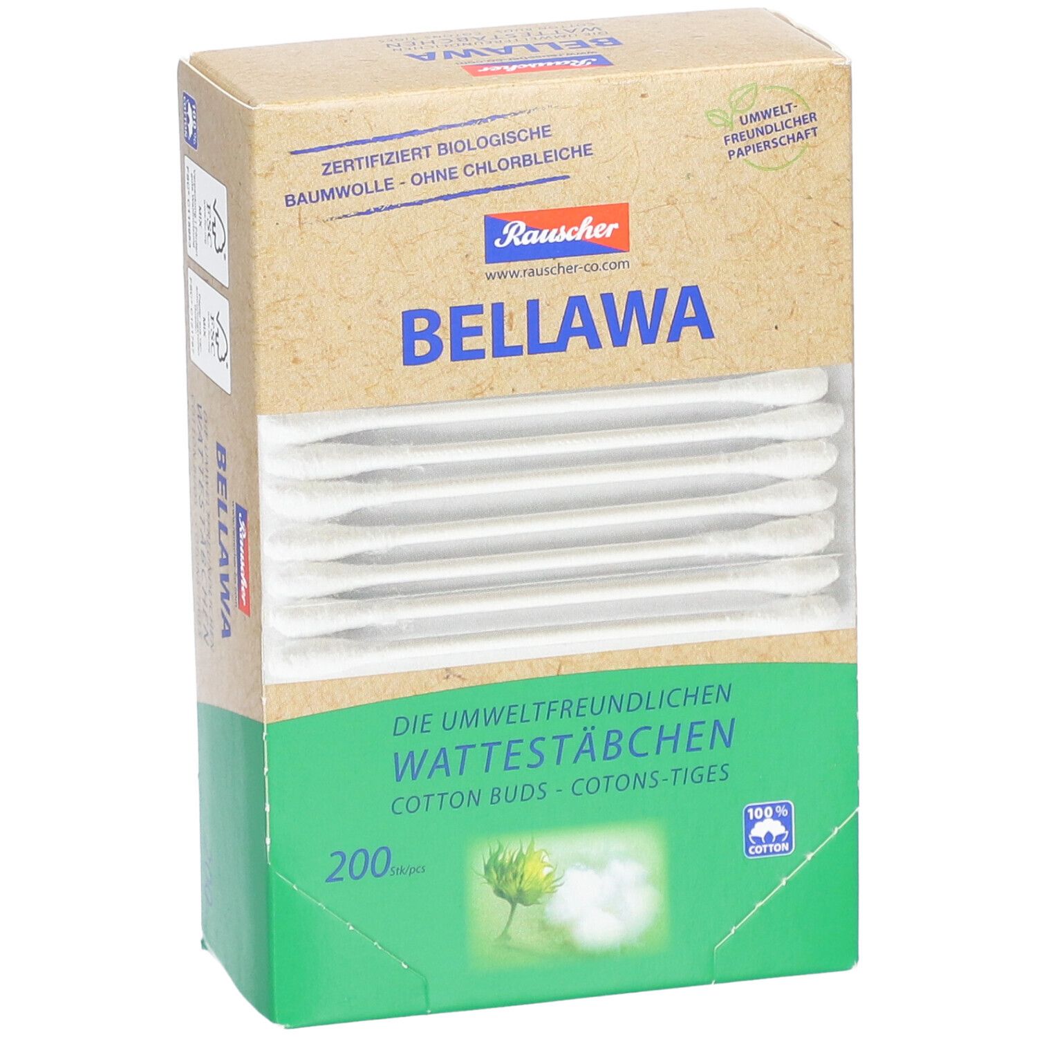 Boîte de cotons-tiges BELLAWA. 200 pièces. Emballage en papier respectueux de l'environnement.