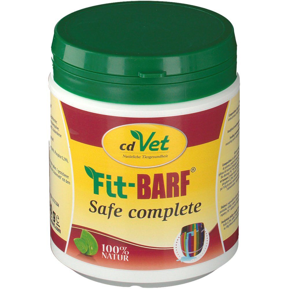 Récipient blanc avec couvercle vert. Inscription : cdVet Fit-BARF® Safe complete. 100% naturel. Fond jaune.