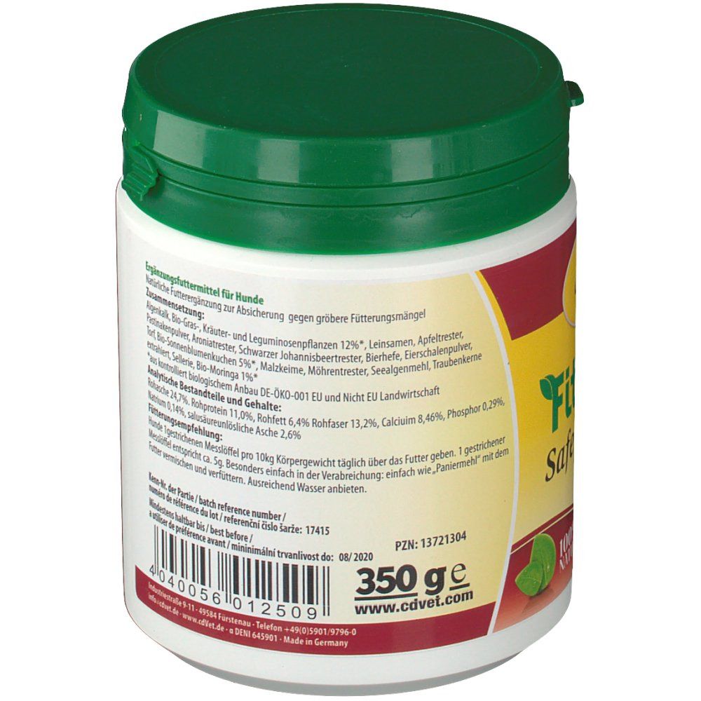 Récipient blanc avec couvercle vert. Texte : Aliment complémentaire pour chiens. 350g. A consommer de préférence avant le : 08/2020.