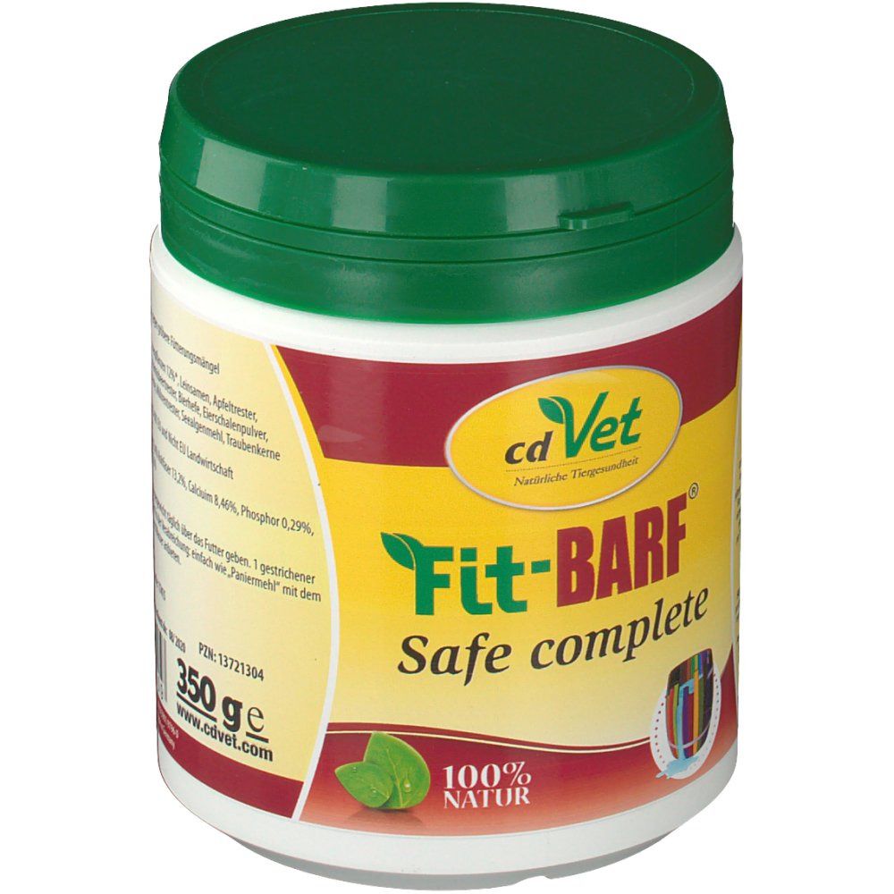 Récipient blanc avec couvercle vert. Inscription : cdVet Fit-BARF® Safe complete. 350g. 100% naturel.