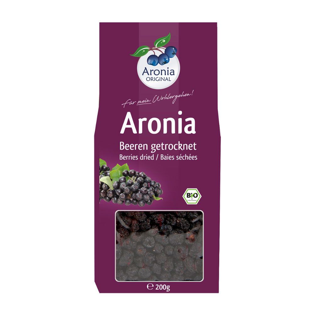 Aronia ORIGINAL Baies d'aronia bio séchées, paquet de 200g avec fenêtre de visualisation.