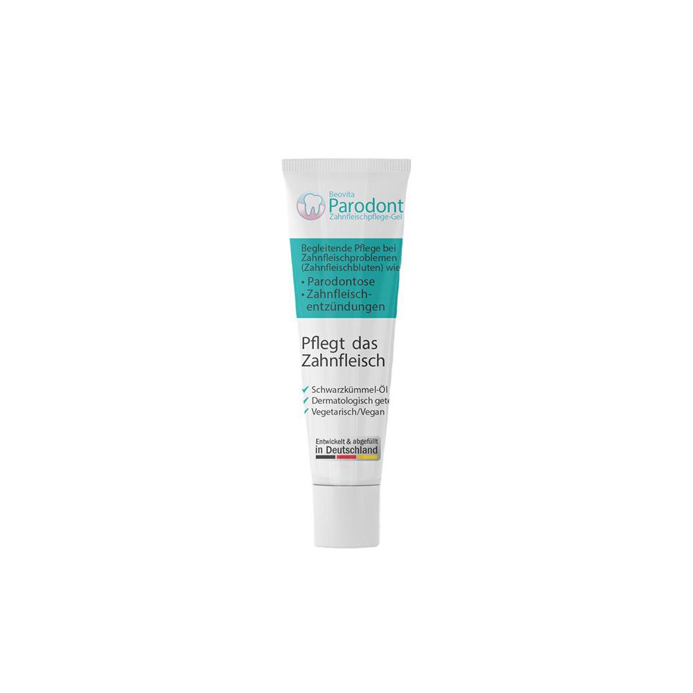 Tube de gel Beovita Parodont. Blanc, bleu et bleu clair. Texte: Soigne les gencives.