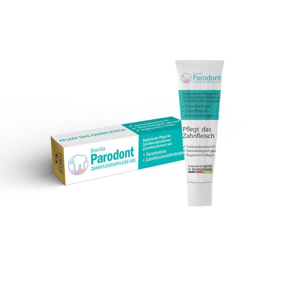 Produit: Tube et boîte de gel Beovita Parodont. Blanc, bleu. Texte.