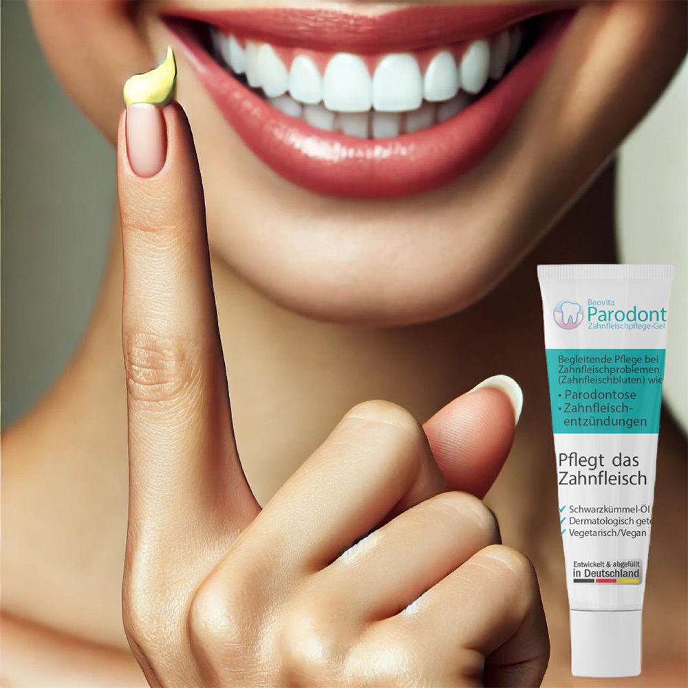 Femme avec bouche et dents. Tube de gel Beovita Parodont. Gel sur le doigt. Texte.