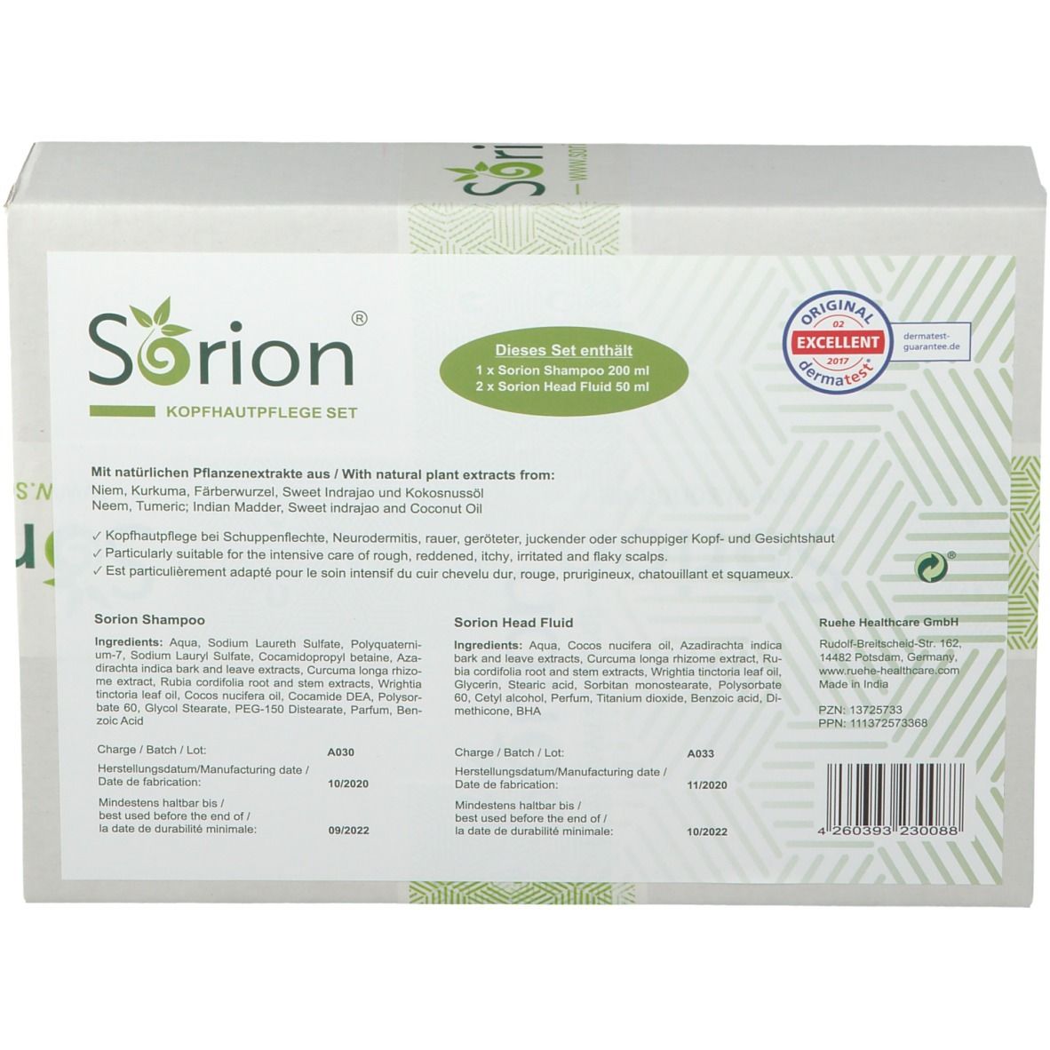 Emballage avec informations sur le produit. Contient Sorion Shampoo et Head Fluid. Texte en allemand et en anglais. Sceau Dermatest.