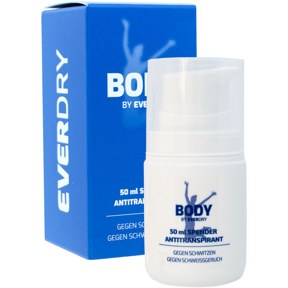 Flacon blanc avec impression bleue. Emballage bleu avec inscription EVERDRY. Inscription : BODY by Everdry, antitranspirant.