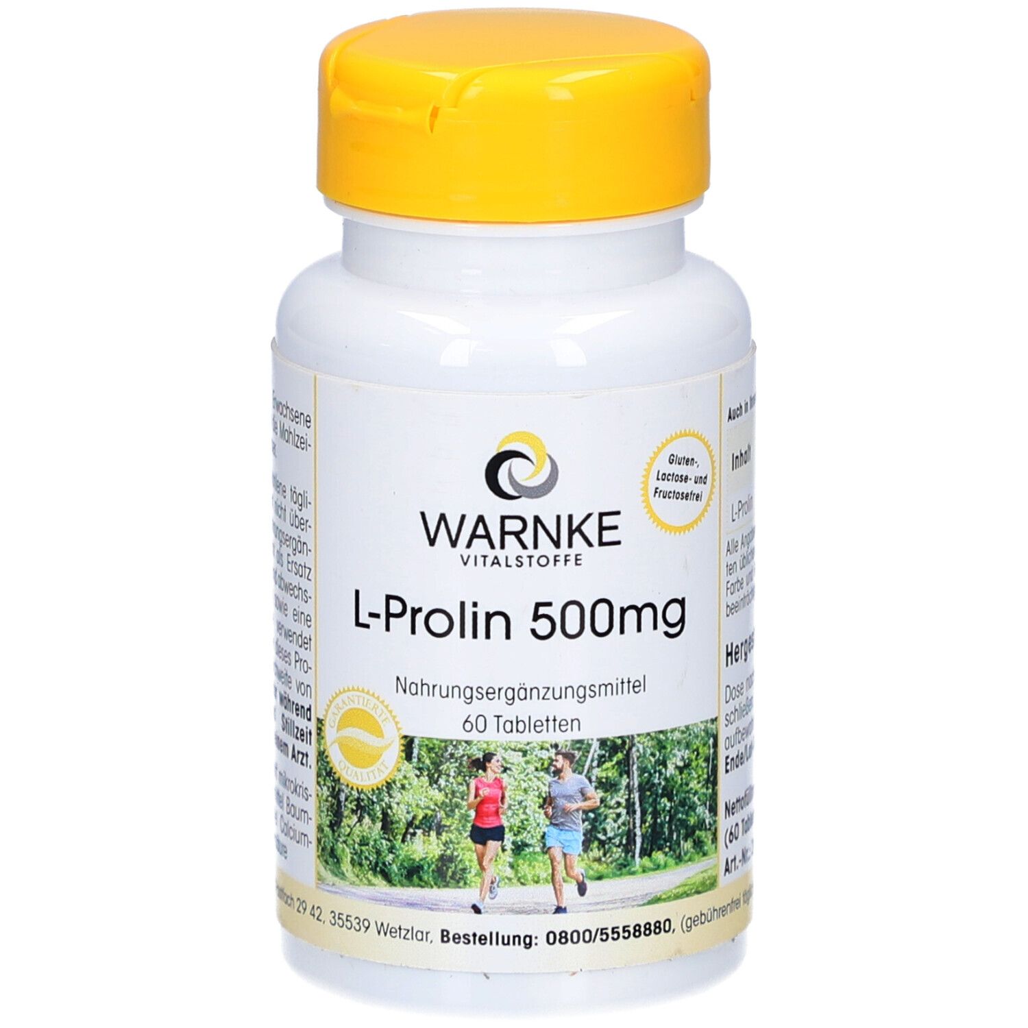 Flacon blanc à bouchon jaune. Inscription: WARNKE Vitalstoffe L-Proline 500mg. 60 comprimés. Illustration de coureurs.