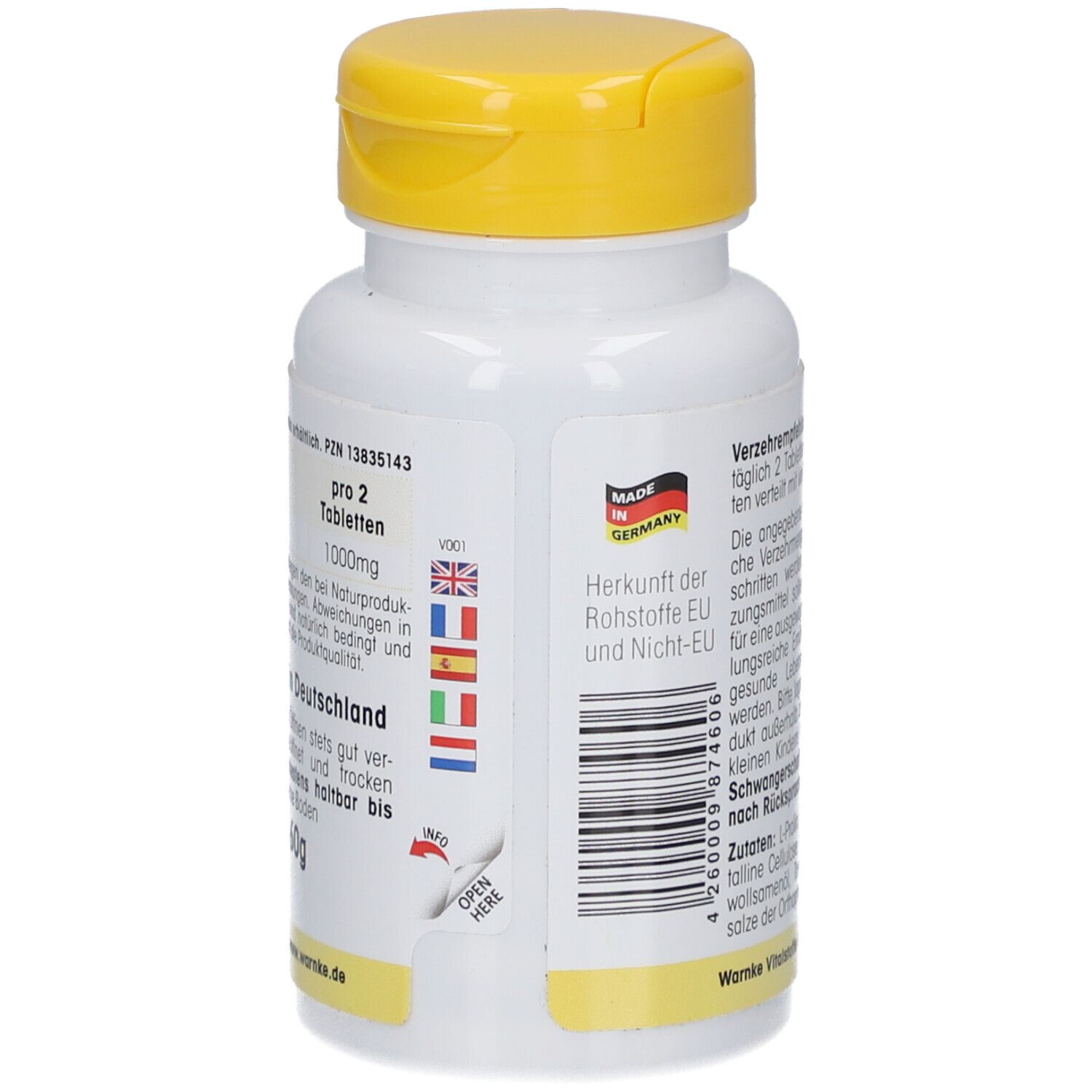 Dos du flacon blanc à bouchon jaune. Texte et drapeaux des pays de l'UE. Code-barres et numéro PZN.