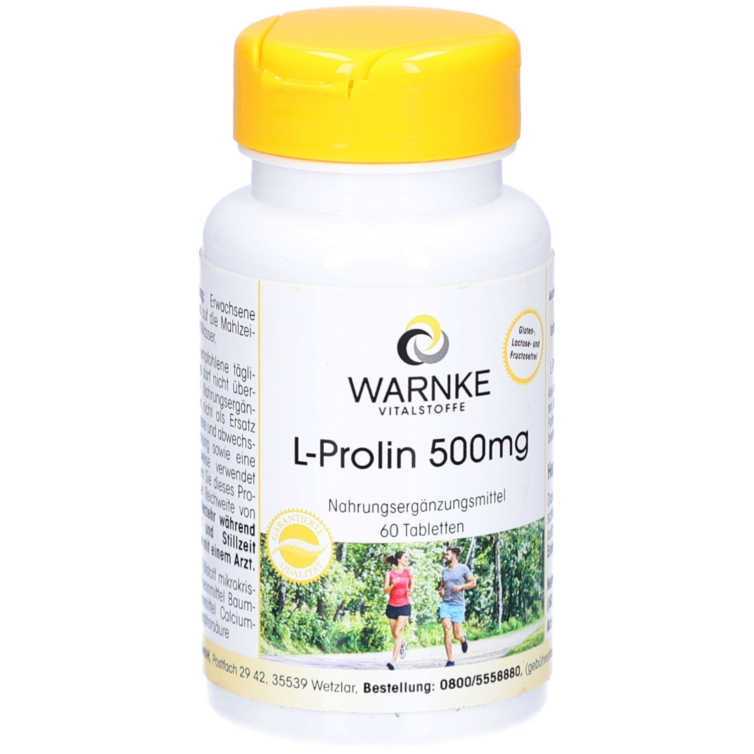 Flacon blanc à bouchon jaune. Inscription: WARNKE Vitalstoffe L-Proline 500mg. 60 comprimés. Illustration de coureurs.