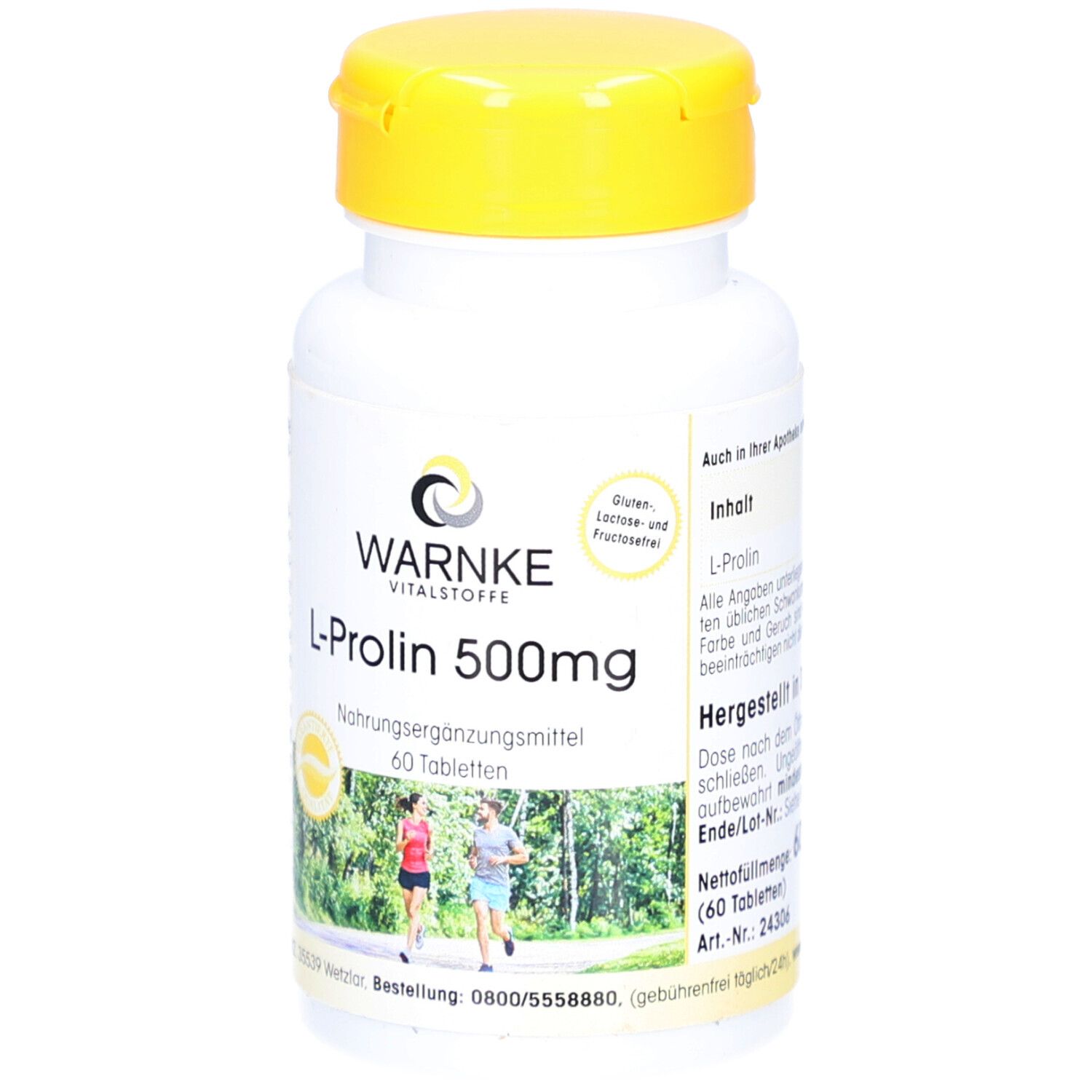 Flacon blanc à bouchon jaune. Inscription: WARNKE Vitalstoffe L-Proline 500mg. 60 comprimés. Illustration de coureurs. Sans gluten et lactose.