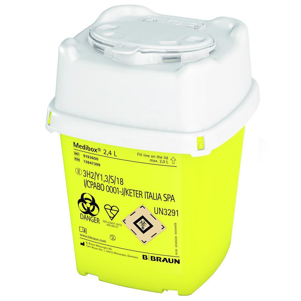 Conteneur jaune avec couvercle blanc. Inscription Medibox 2,4 L. Symboles de danger et logo B. Braun.