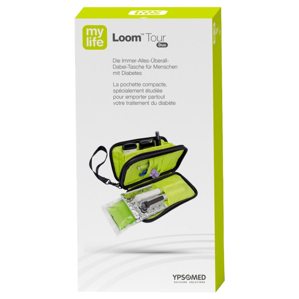 Emballage de mylife Loom Tour Duo. La trousse est montrée ouverte. Texte en allemand et français. Logo Ypsomed.