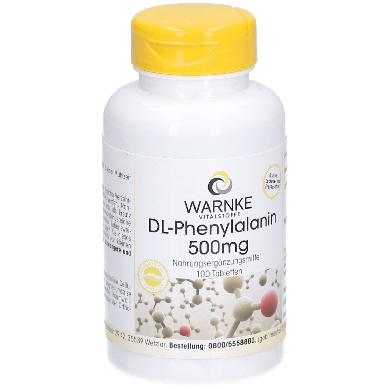 Flacon blanc à bouchon jaune. Inscription: WARNKE DL-Phenylalanine 500mg, 100 comprimés. Illustration de molécules.