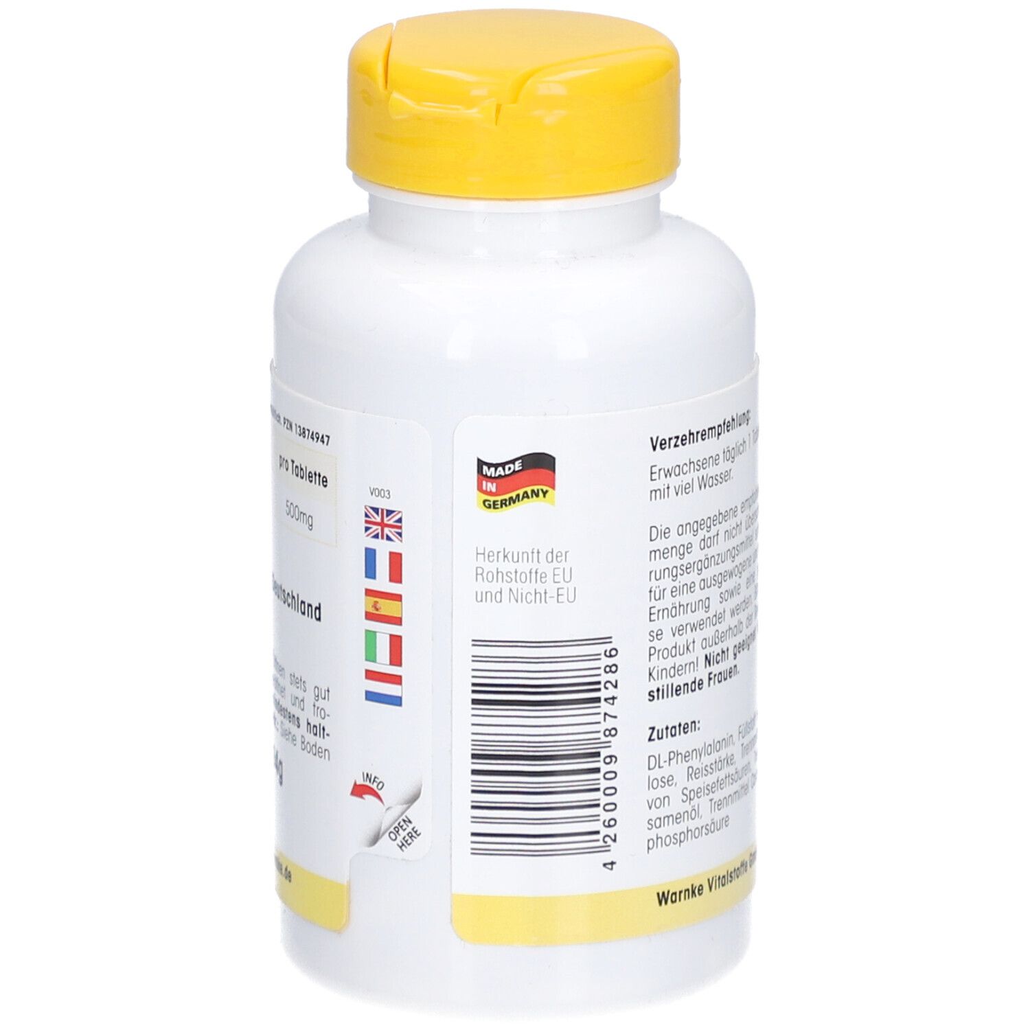 Dos du flacon blanc à bouchon jaune. Texte: Recommandations, ingrédients. Code-barres et drapeaux.