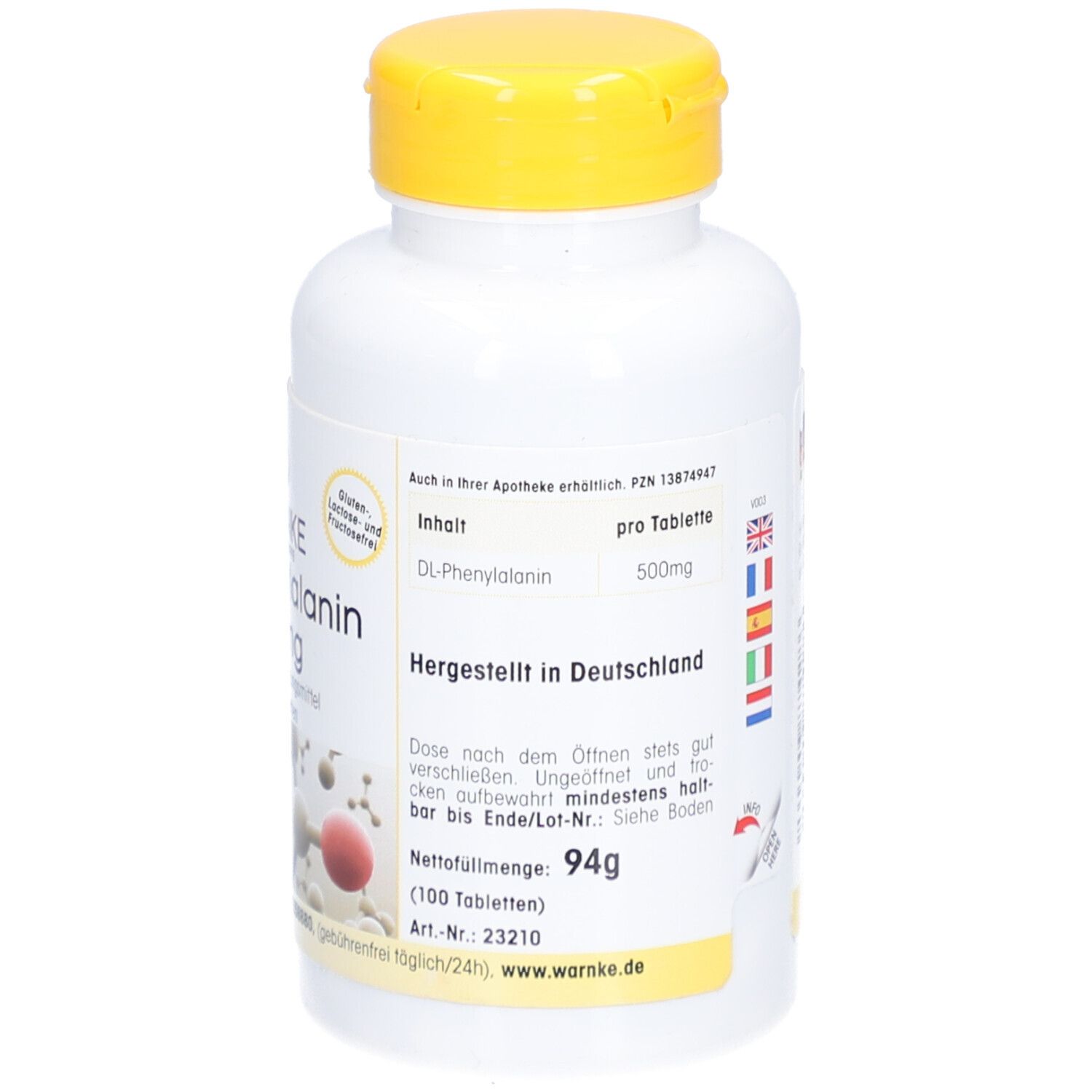 Flacon blanc à bouchon jaune. Inscription: WARNKE DL-Phenylalanine 500mg, 100 comprimés. Fabriqué en Allemagne. Poids net 94g.