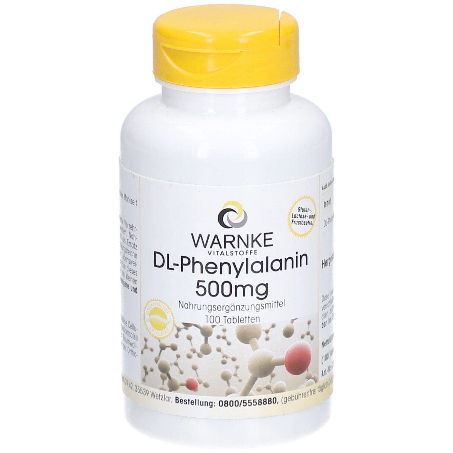 Flacon blanc à bouchon jaune. Inscription: WARNKE DL-Phenylalanine 500mg, 100 comprimés. Illustration de molécules.