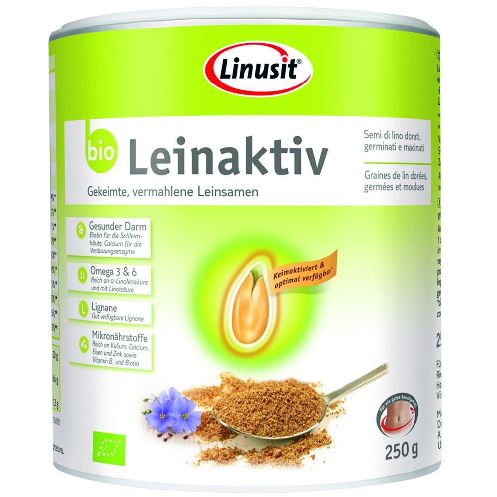 Boîte verte Linusit® Leinaktiv Bio avec graines de lin. Inscription : Graines de lin germées et moulues. 250g.