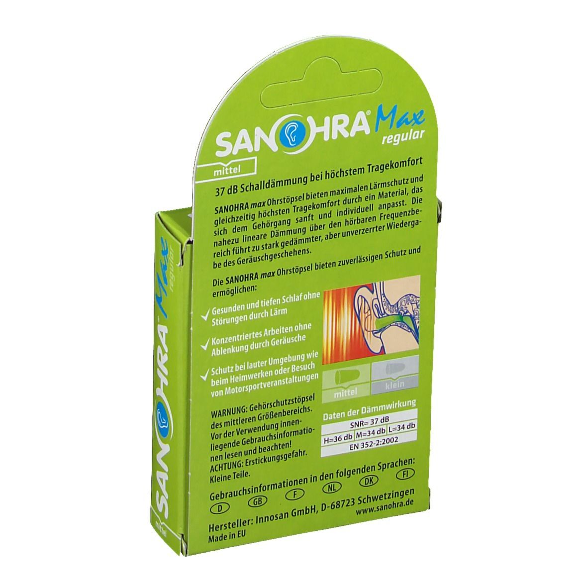 Dos de l'emballage des bouchons d'oreille Sanohra Max. Texte en plusieurs langues. Diagramme d'atténuation. Informations du fabricant.