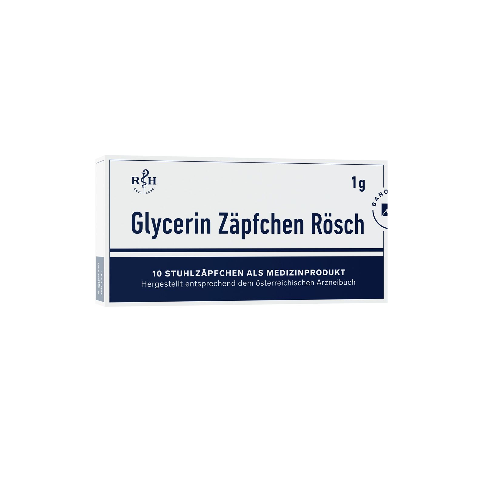 Boîte de suppositoires à la glycérine Rösch. 10 pièces. 1 g. Emballage bleu et blanc. Texte : 10 suppositoires.