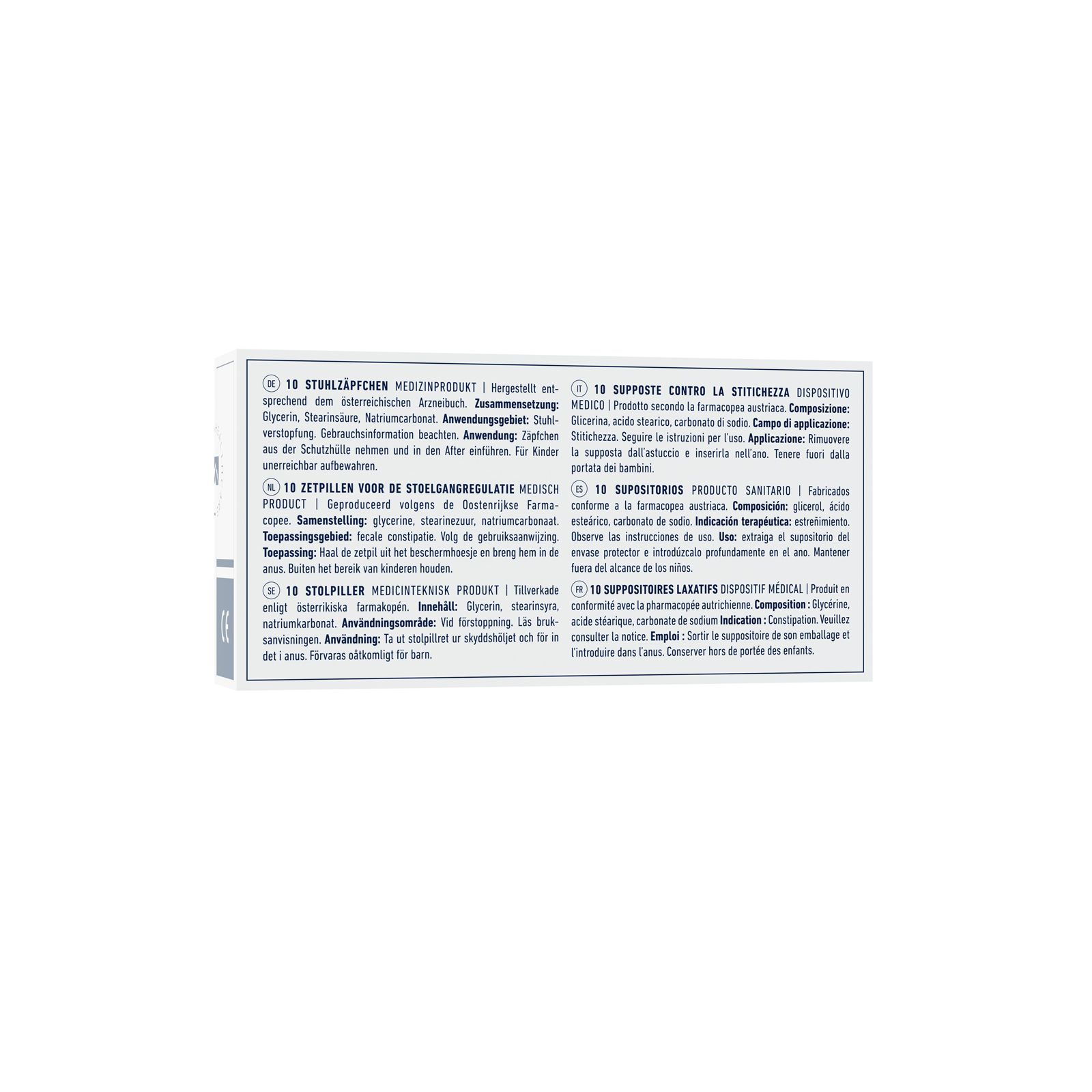 Dos de la boîte de suppositoires à la glycérine Rösch. Texte multilingue. Ingrédients, utilisation, avertissements.