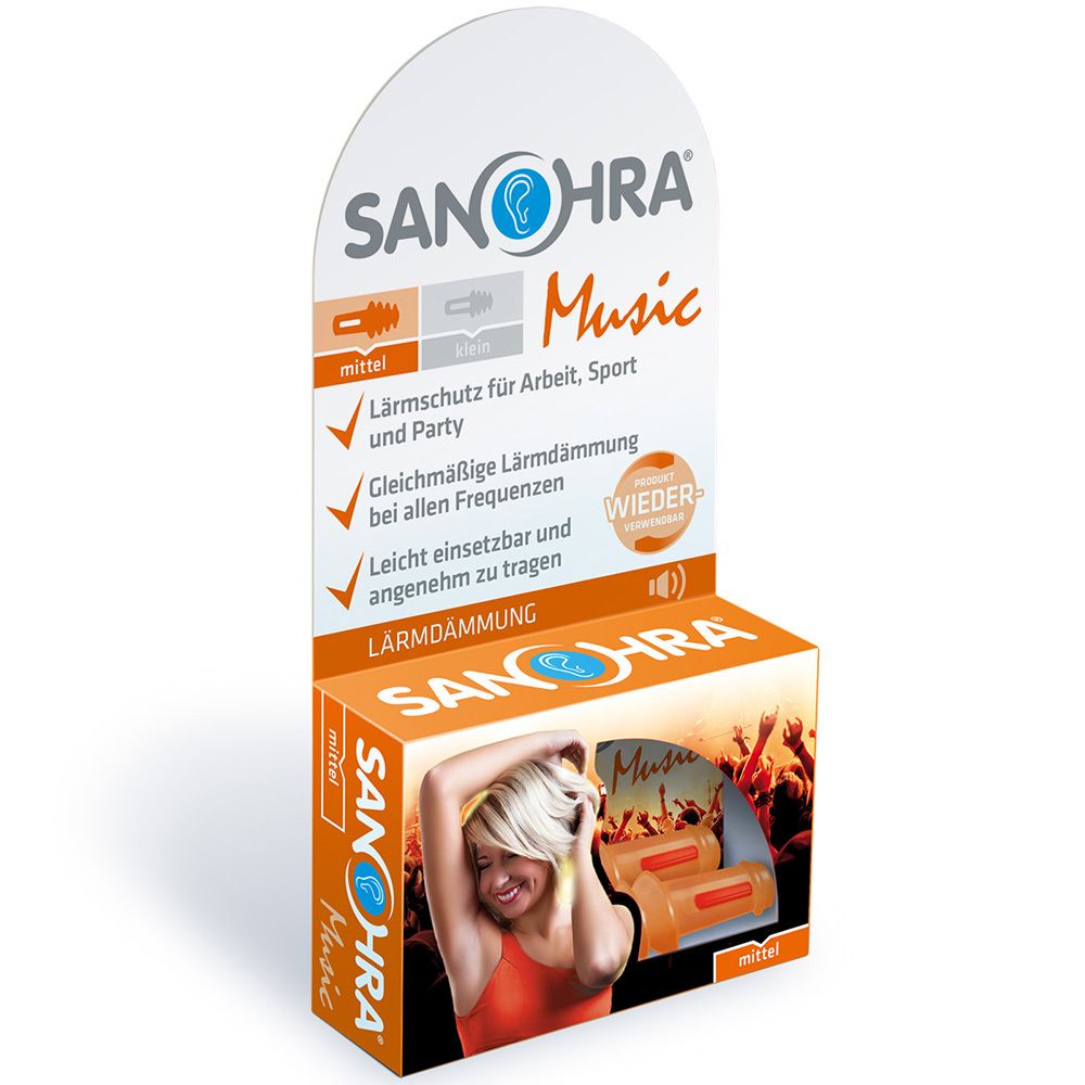 Emballage orange Sanohra Music. Bouchons d'oreille. Texte: Protection auditive pour le travail, le sport et les fêtes.