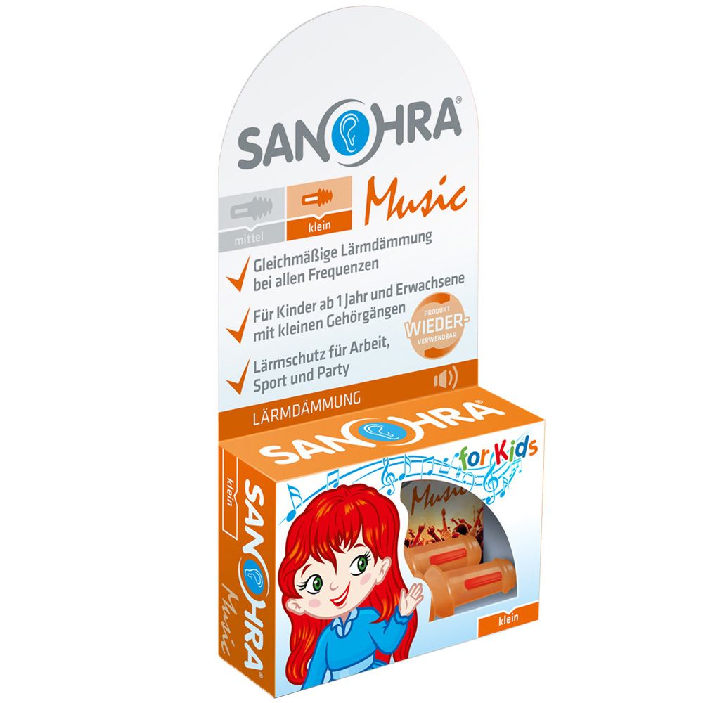 Boîte d'écouteurs orange avec informations et enfant. Réutilisable.