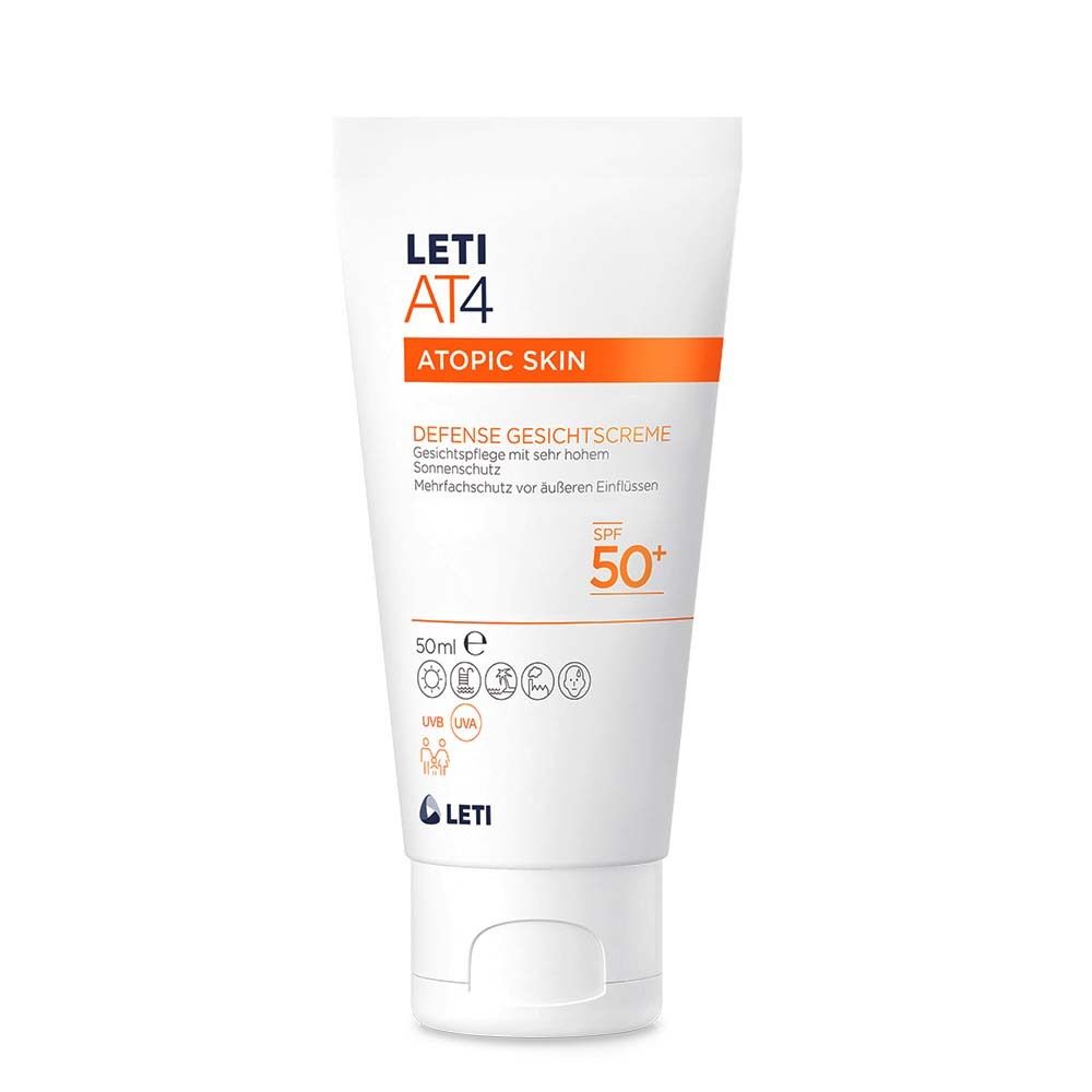 Tube blanche LETI AT4 ATOPIC SKIN Defense Gesichtscreme SPF 50+. Bande orange. 50ml.