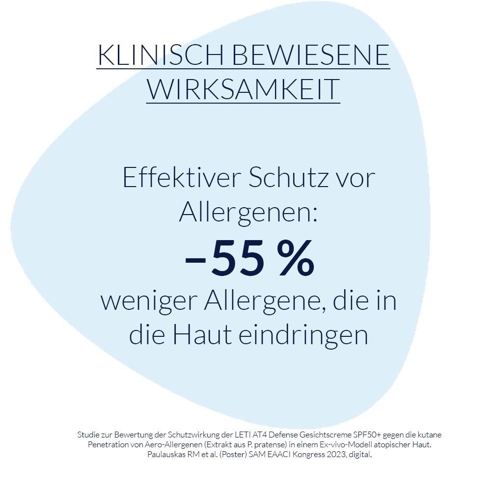 Champ bleu avec texte: Efficacité cliniquement prouvée. -55% d'allergènes pénétrant la peau.