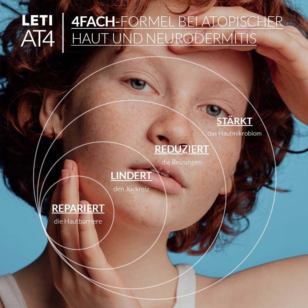 Visage d'une femme avec texte: FORMULE 4X POUR PEAU ATOPIQUE ET NEURODERMITE. Cercles.