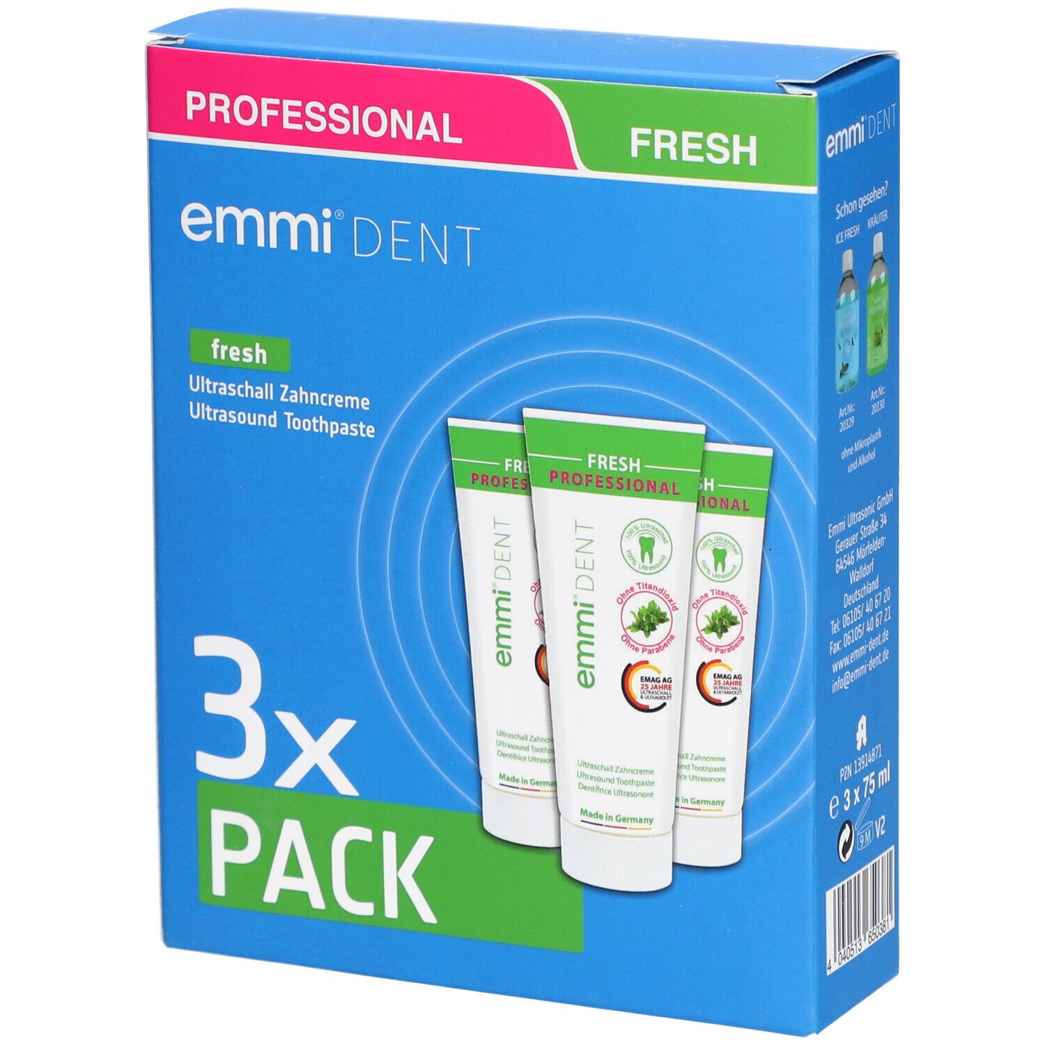 Boîte bleue avec trois tubes de dentifrice. Inscription : emmi-dent, fresh, 3x PACK. Design menthe.