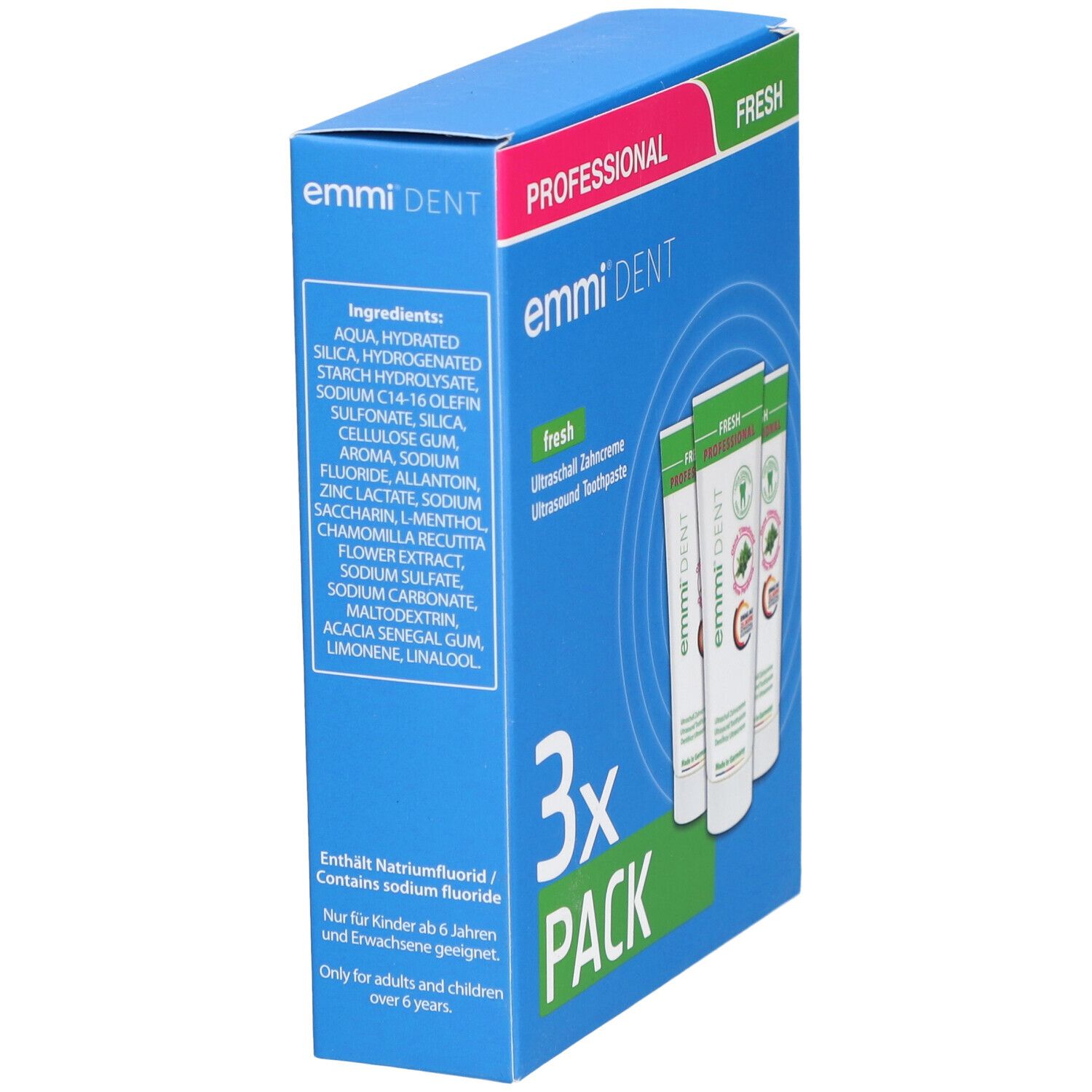 Trois tubes de dentifrice. Inscription : emmi-dent. Dos avec informations. Blanc et bleu clair.