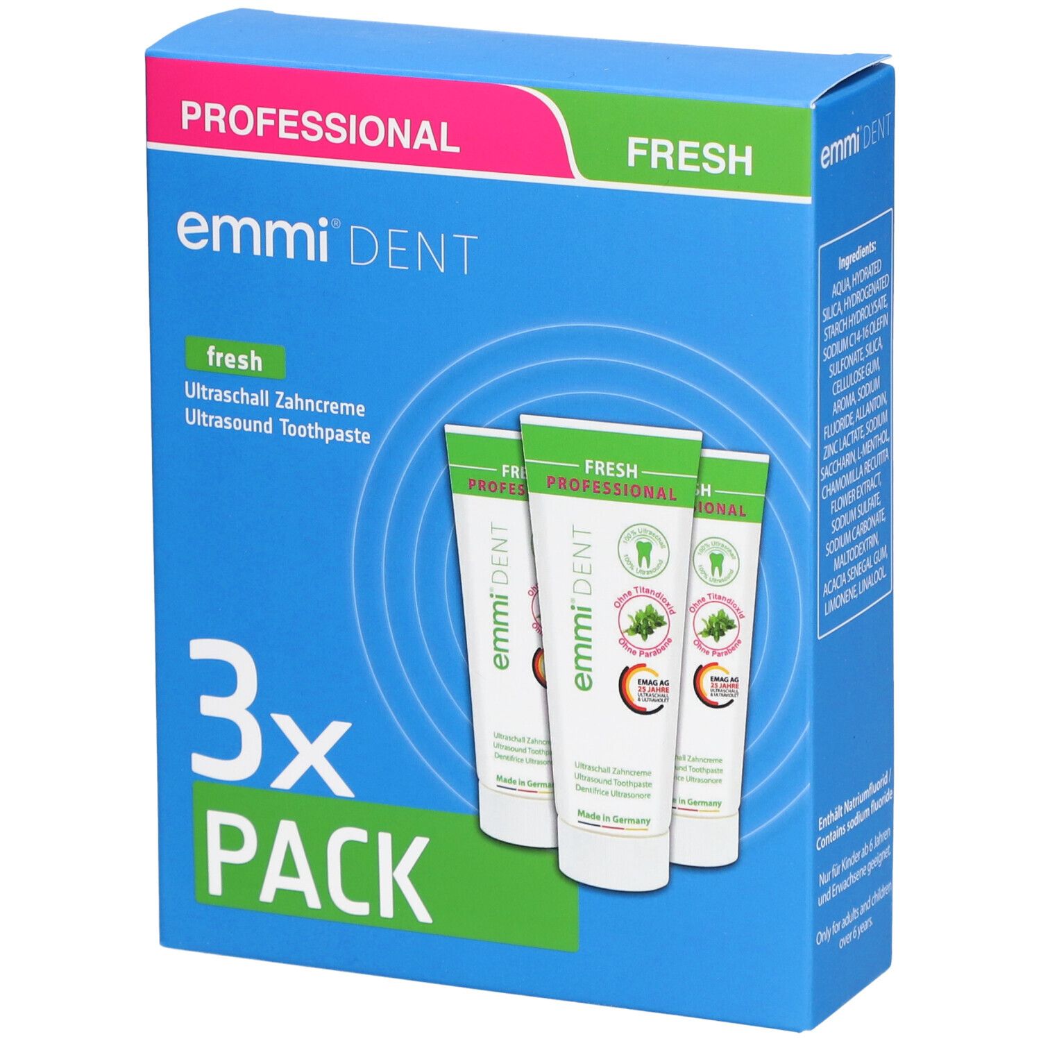 Boîte bleue avec trois tubes de dentifrice. Inscription : emmi-dent, fresh, 3x PACK. Design menthe.