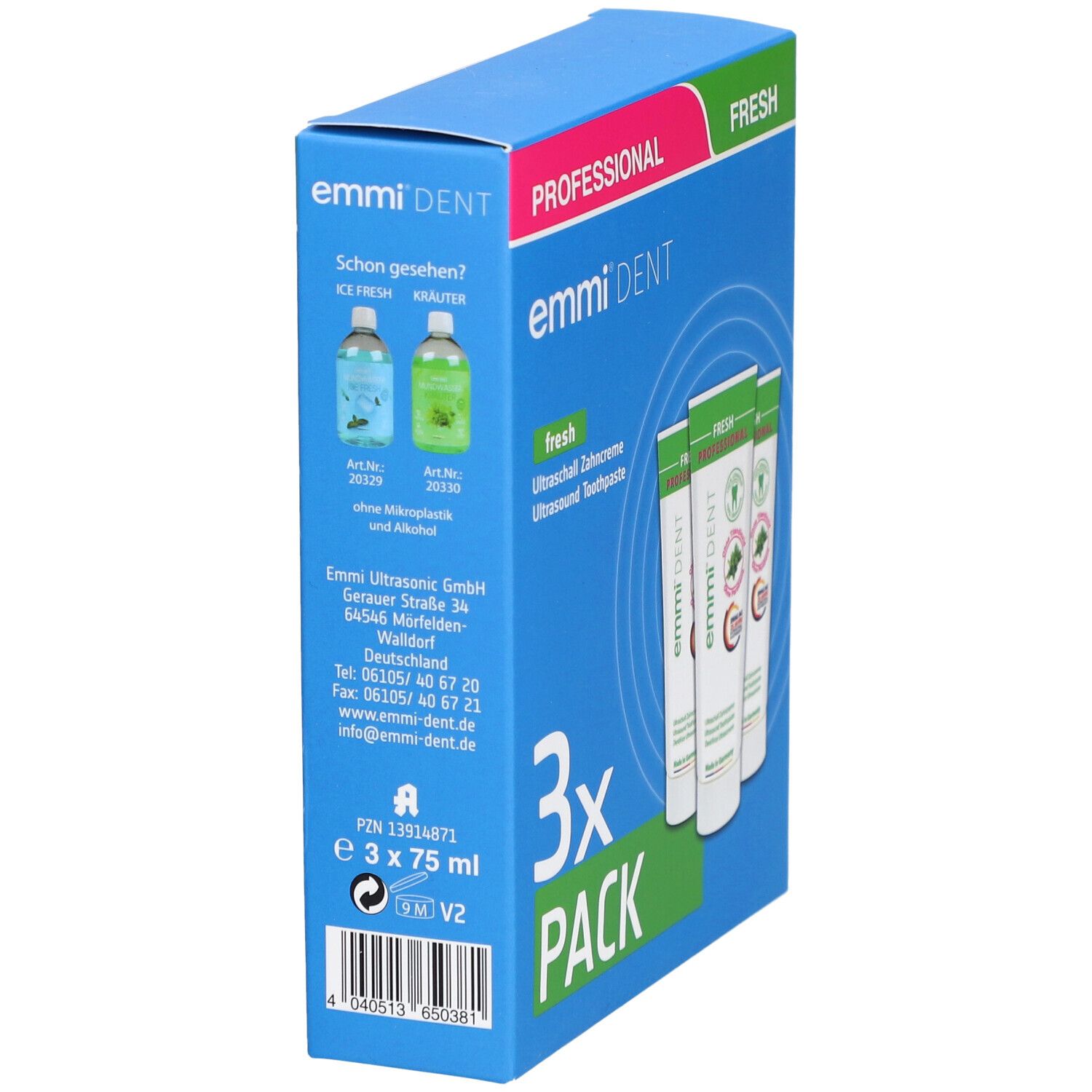 Boîte avec trois tubes de dentifrice. Inscription : emmi-dent, fresh, 3x PACK. Design menthe.