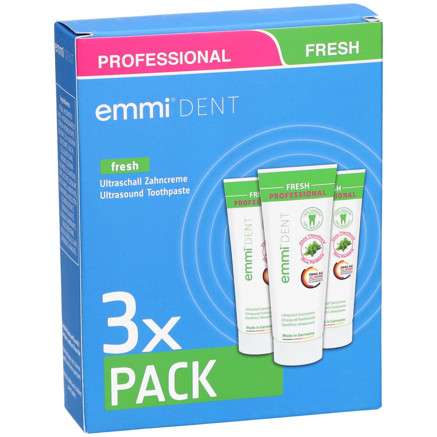 Boîte bleue avec trois tubes de dentifrice. Inscription : emmi-dent, fresh, 3x PACK. Design menthe.