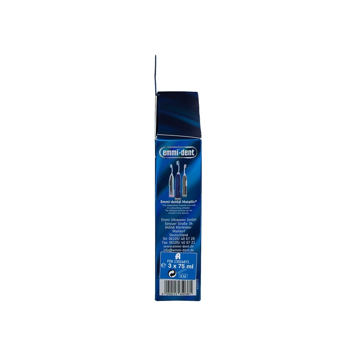 Vue latérale d'une boîte bleue. Inscription : emmi-dent. Contient 3x75ml.