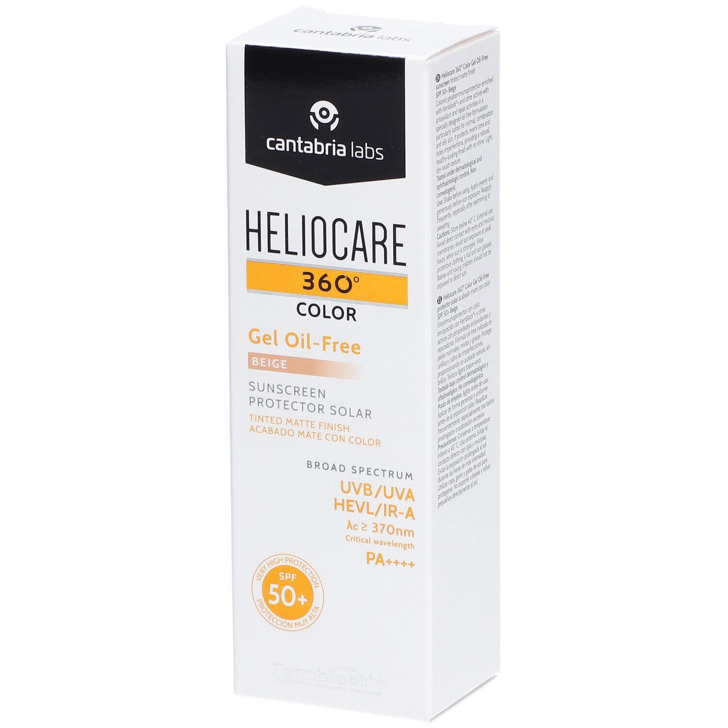 Boîte blanche avec informations produit. Inscription: Heliocare 360° Color Beige, Gel Oil-Free, SPF 50+.