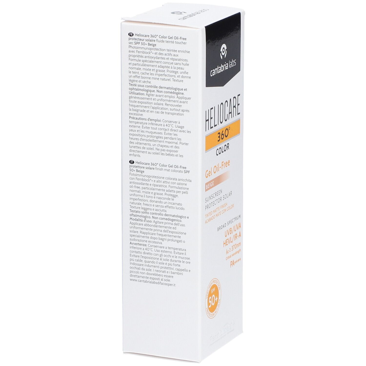 Emballage produit blanc en biais. Inscription: Heliocare 360° Color Beige, Gel Oil-Free, SPF 50+.