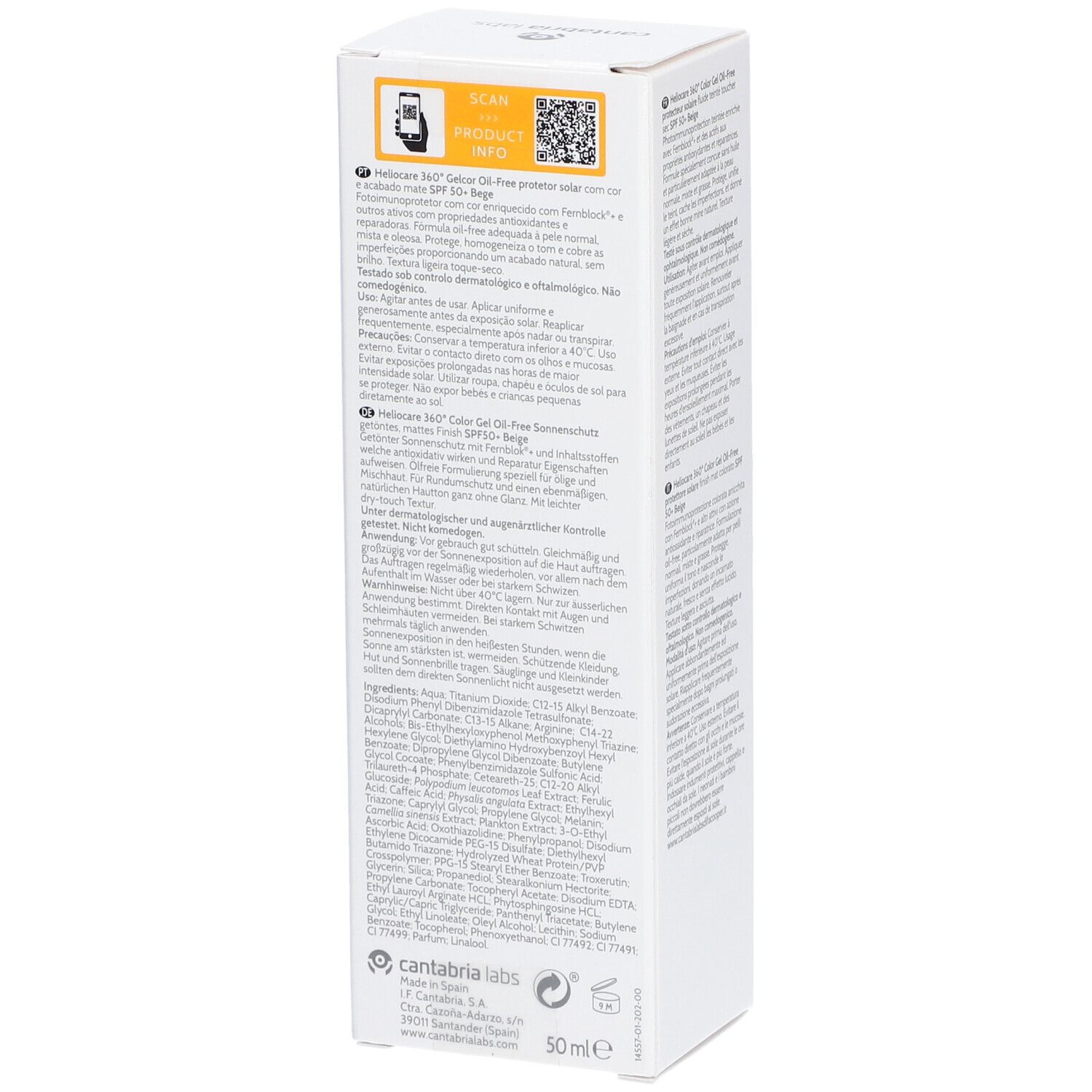 Emballage produit avec texte et code QR. Inscription: Heliocare 360° Color Beige, Gel Oil-Free, SPF 50+.