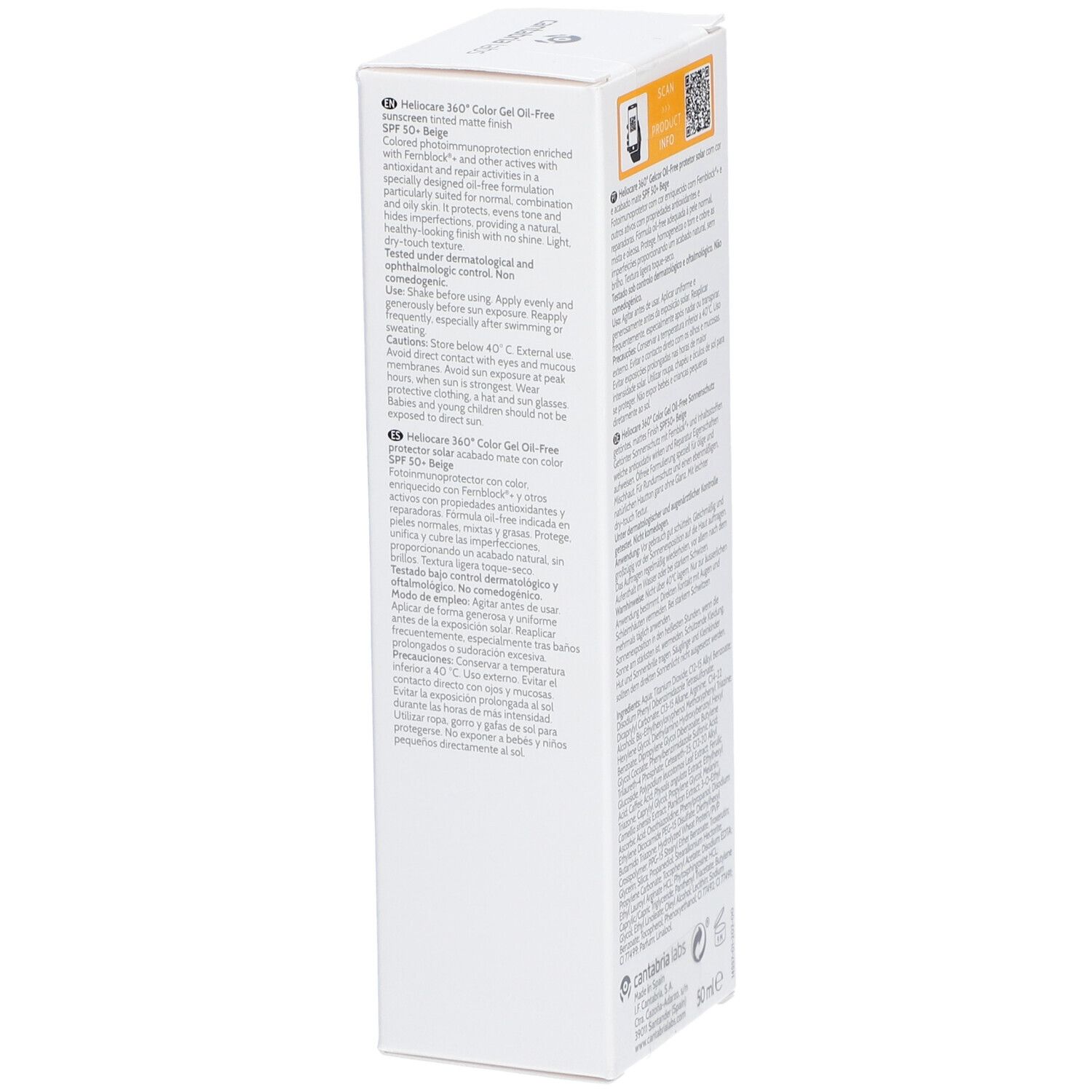 Emballage produit avec texte. Inscription: Heliocare 360° Color Beige, Gel Oil-Free, SPF 50+.