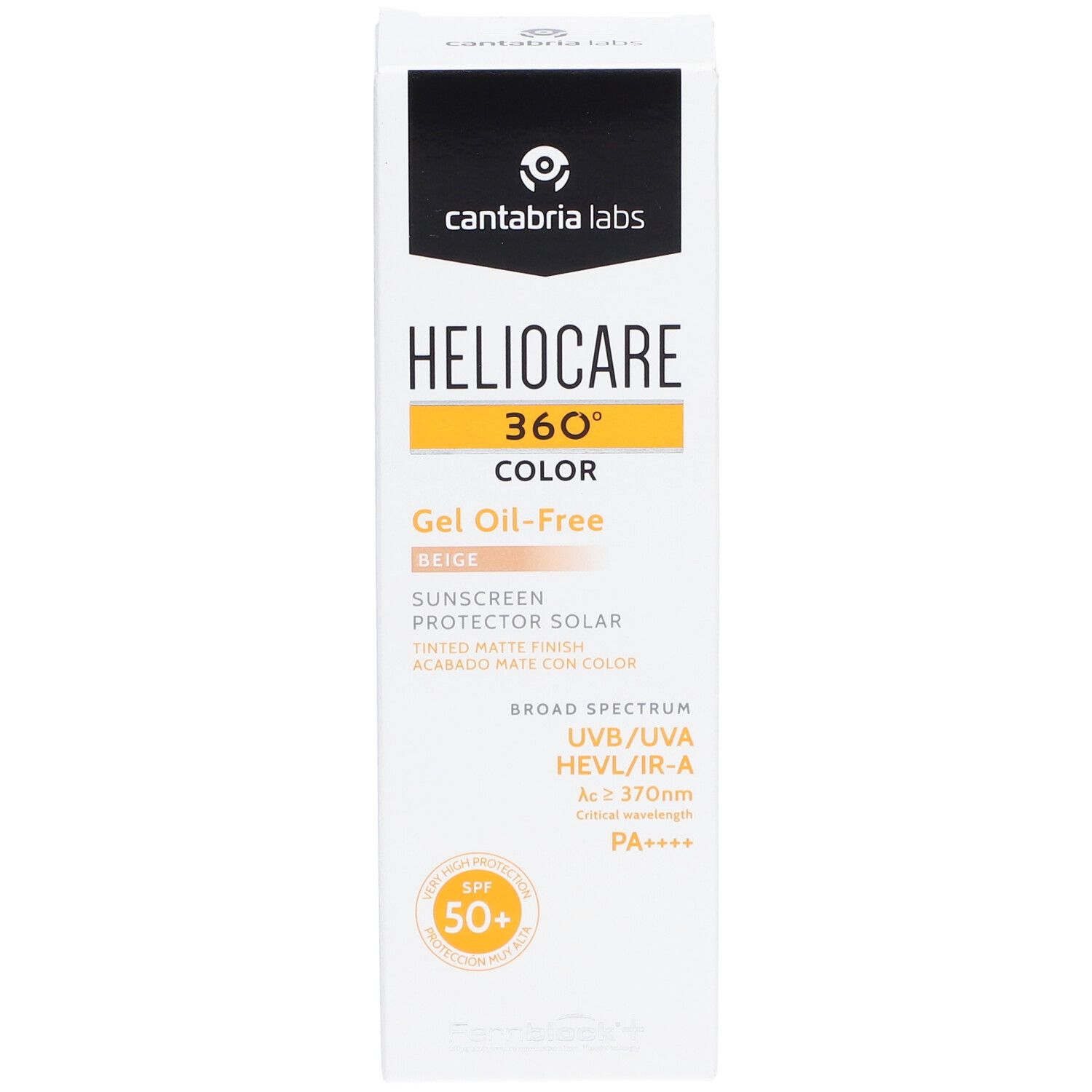Emballage produit blanc avec inscription: Heliocare 360° Color Beige, Gel Oil-Free, SPF 50+.