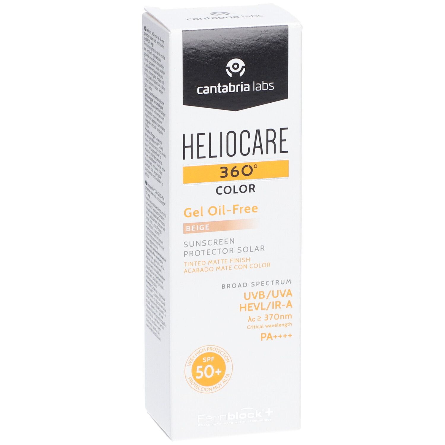 Emballage produit avec inscription: Heliocare 360° Color Beige, Gel Oil-Free, SPF 50+.