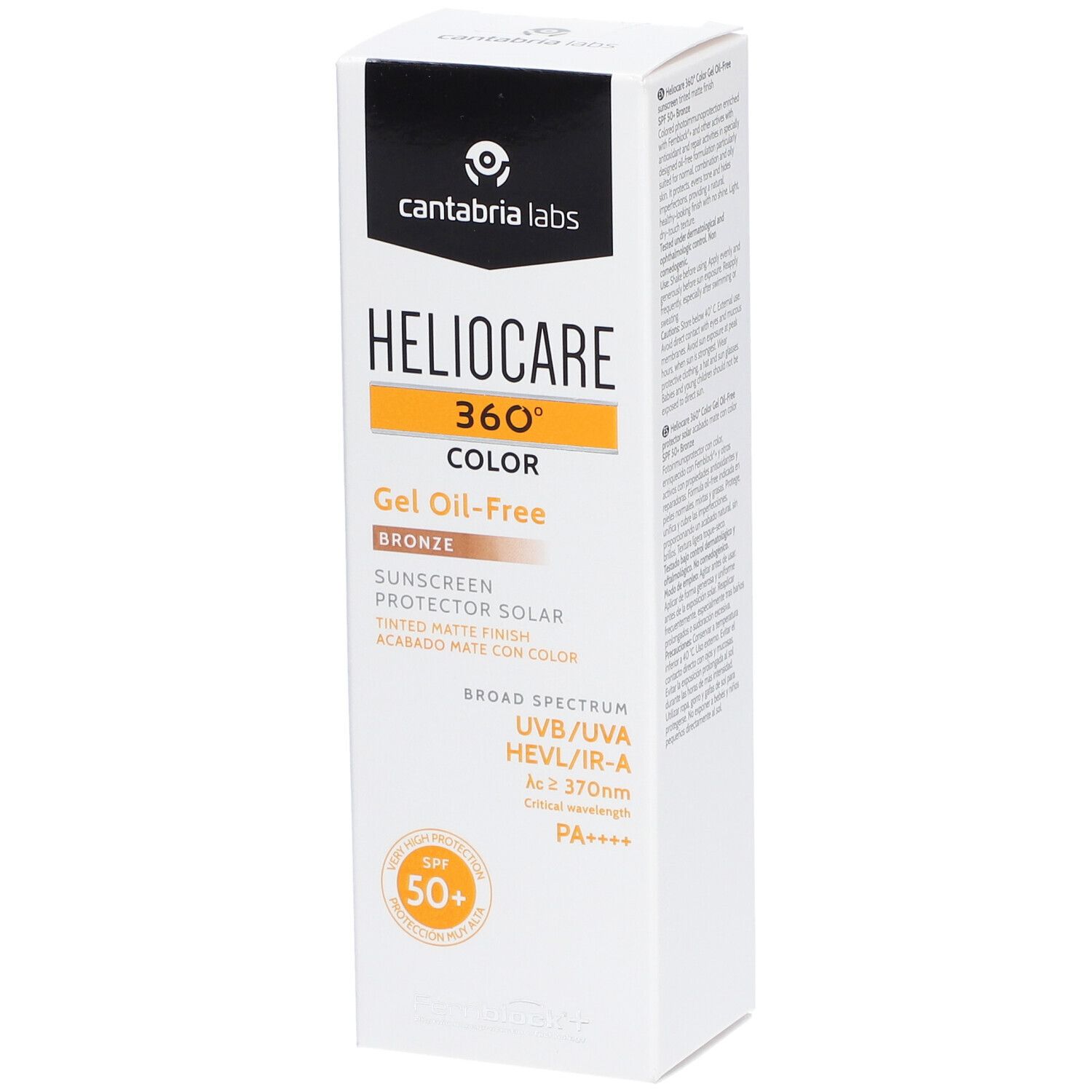 Boîte blanche avec informations produit. Inscription: Heliocare 360° Color Gel Oil-Free Bronze. Facteur de protection solaire 50+.
