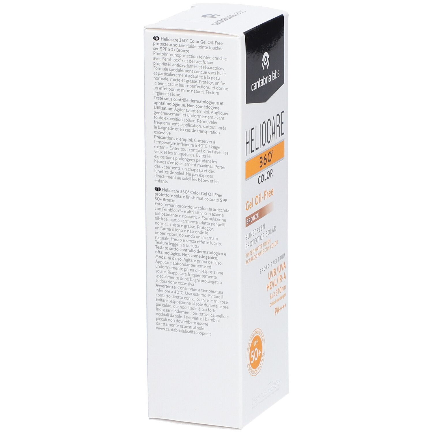 Boîte blanche, vue latérale avec texte. Nom du produit: Heliocare 360° Color Gel Oil-Free Bronze. Texte en plusieurs langues.