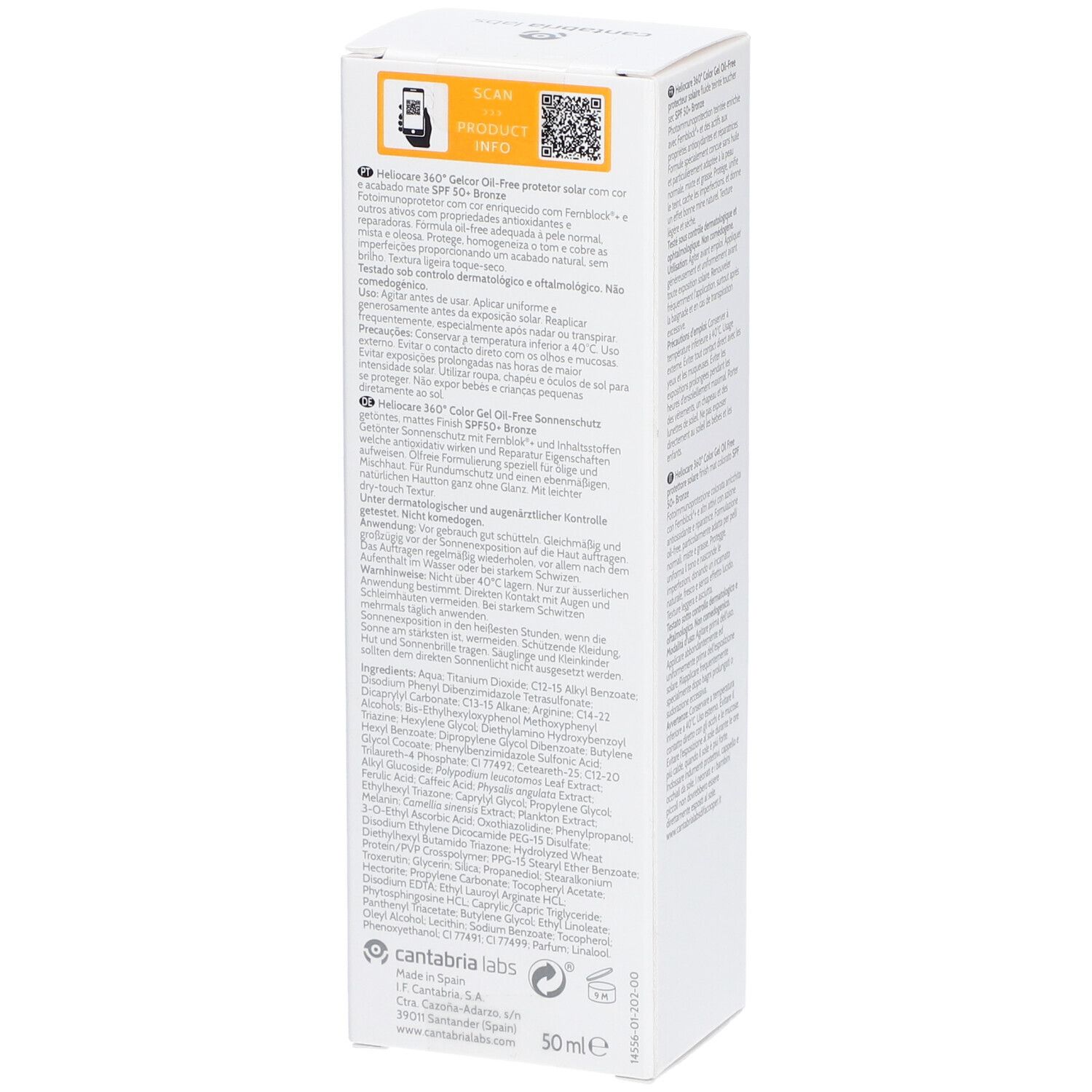 Boîte blanche, vue latérale avec texte et code QR. Nom du produit: Heliocare 360° Color Gel Oil-Free Bronze. Texte multilingue.